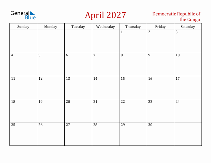 Democratic Republic of the Congo April 2027 Calendar - Sunday Start