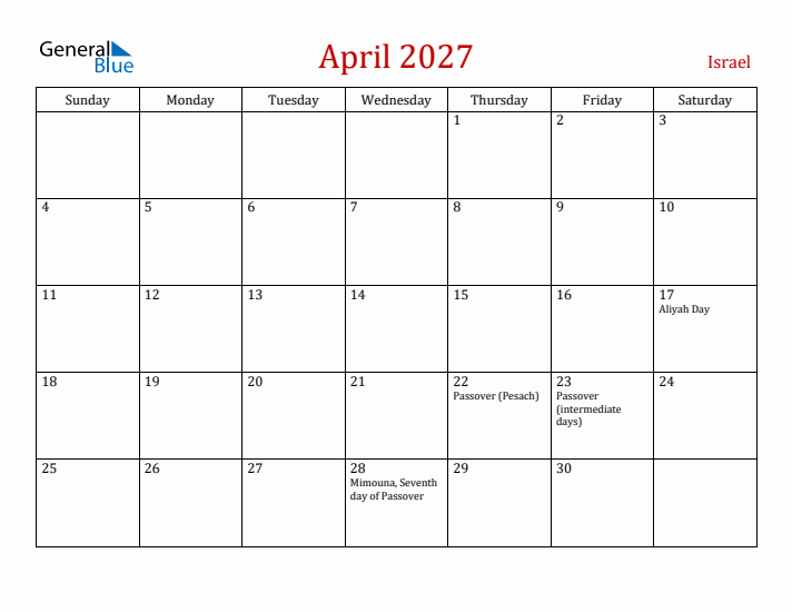 Israel April 2027 Calendar - Sunday Start