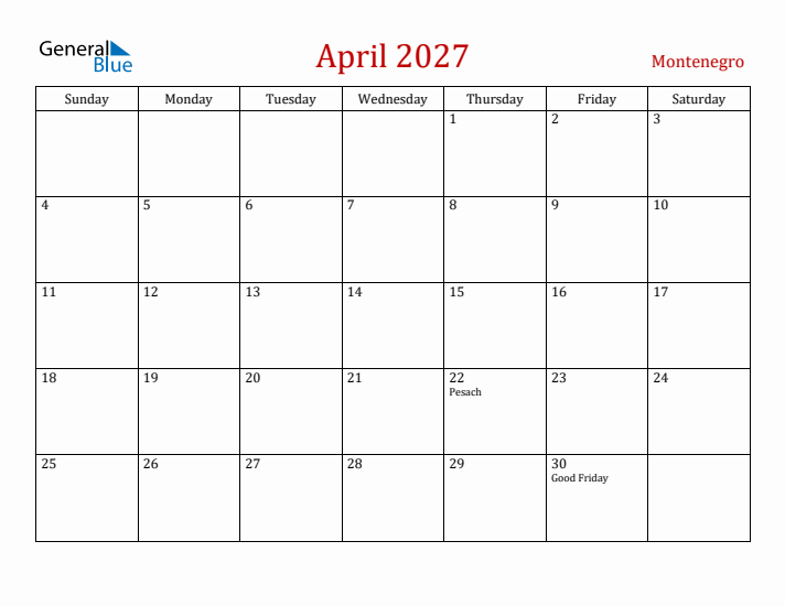 Montenegro April 2027 Calendar - Sunday Start