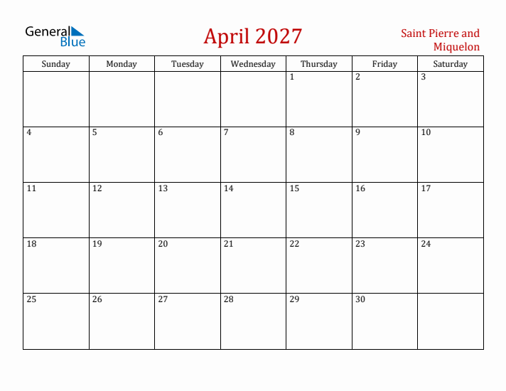 Saint Pierre and Miquelon April 2027 Calendar - Sunday Start