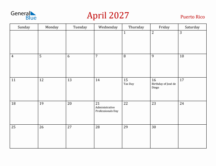 Puerto Rico April 2027 Calendar - Sunday Start