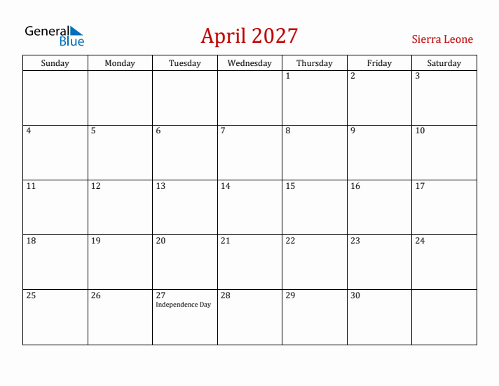 Sierra Leone April 2027 Calendar - Sunday Start
