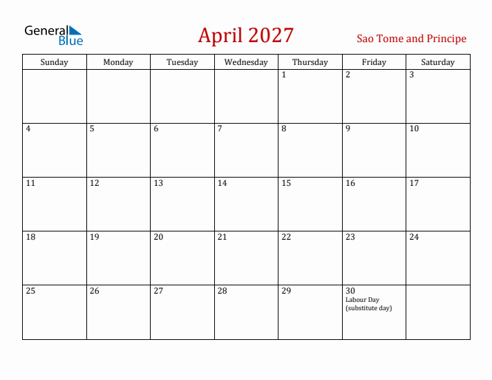 Sao Tome and Principe April 2027 Calendar - Sunday Start