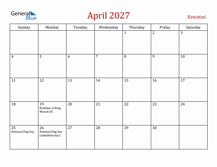 Eswatini April 2027 Calendar - Sunday Start