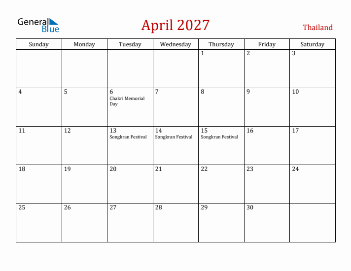 Thailand April 2027 Calendar - Sunday Start