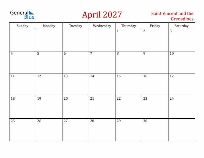 Saint Vincent and the Grenadines April 2027 Calendar - Sunday Start