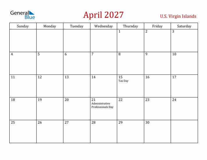 U.S. Virgin Islands April 2027 Calendar - Sunday Start