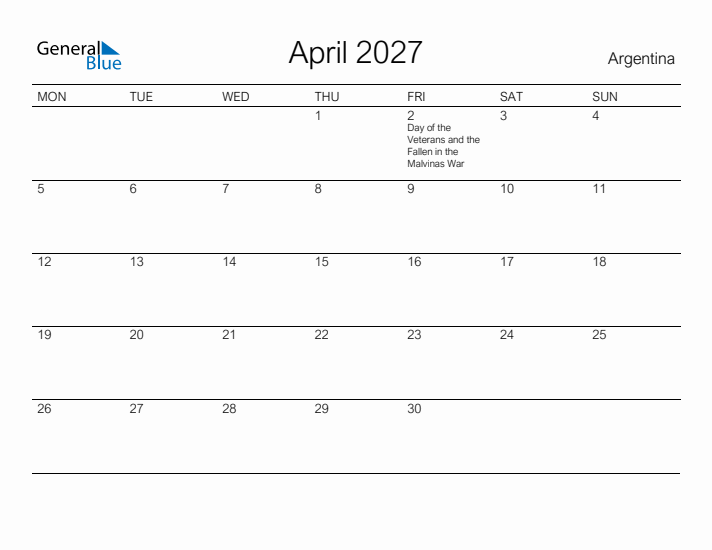 Printable April 2027 Calendar for Argentina