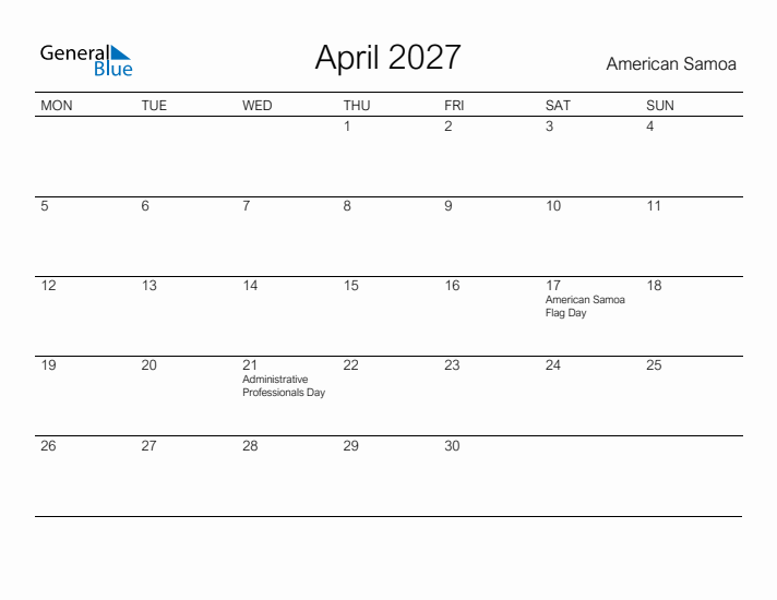 Printable April 2027 Calendar for American Samoa