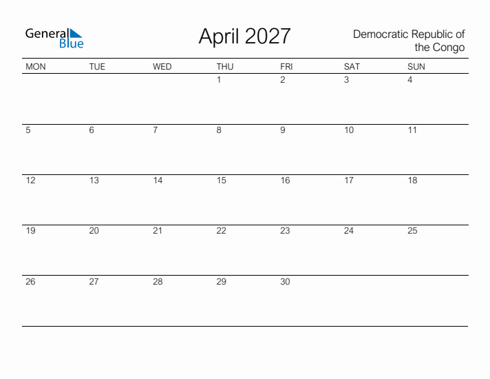 Printable April 2027 Calendar for Democratic Republic of the Congo