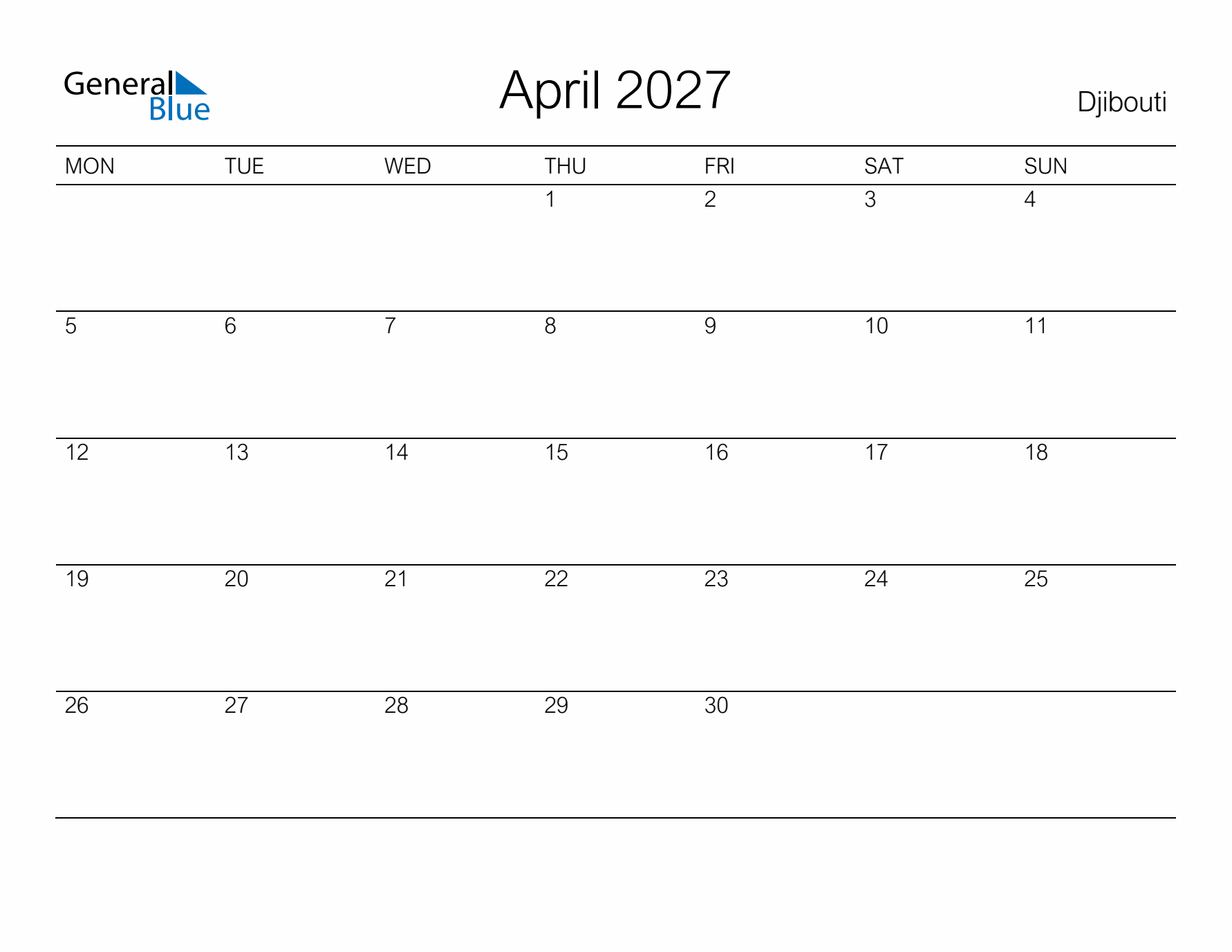 Printable April 2027 Calendar for Djibouti
