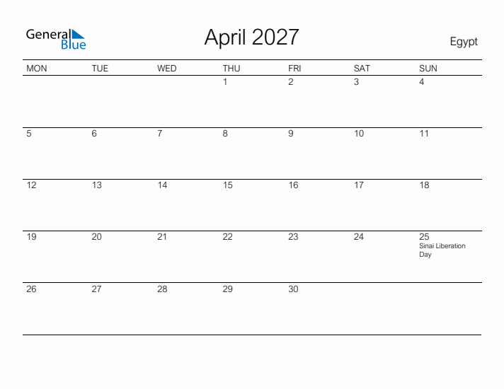 Printable April 2027 Calendar for Egypt
