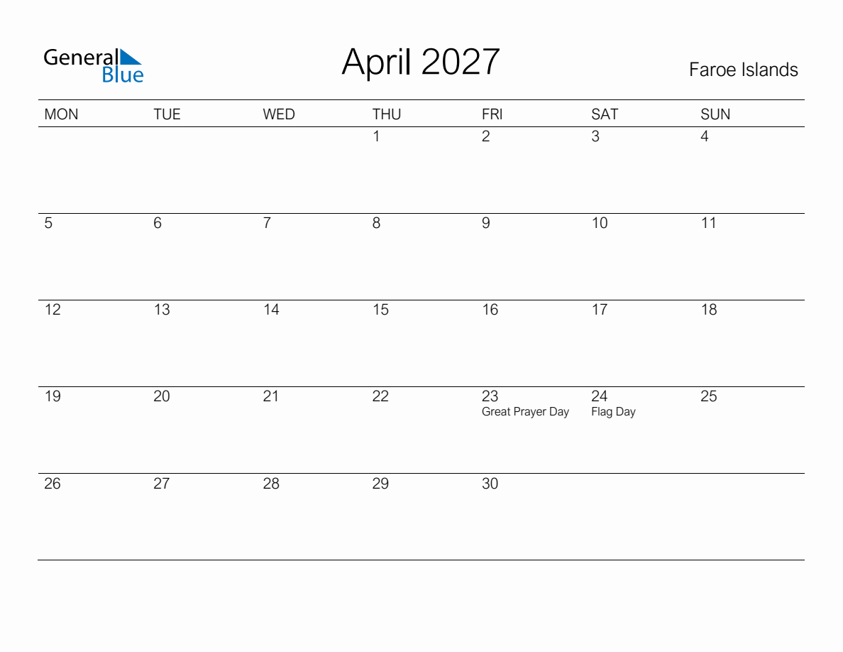 Printable April 2027 Monthly Calendar with Holidays for Faroe Islands