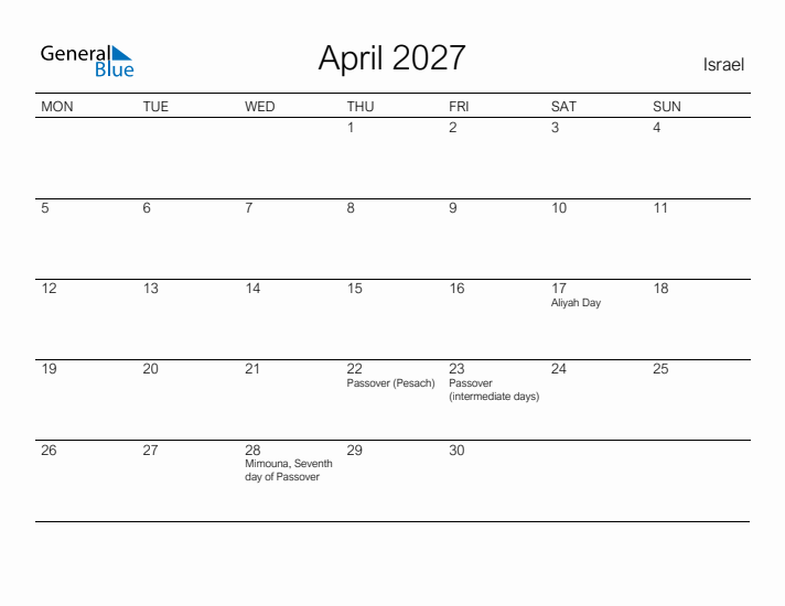 Printable April 2027 Calendar for Israel