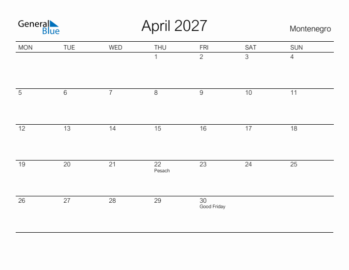 Printable April 2027 Calendar for Montenegro