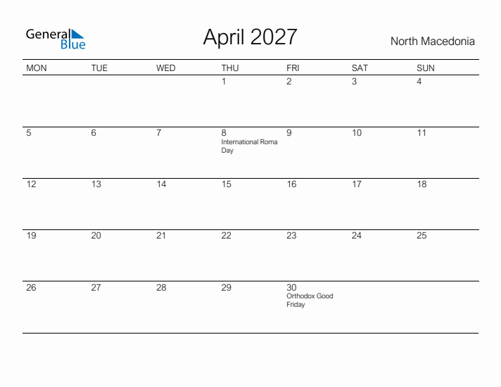 Printable April 2027 Calendar for North Macedonia