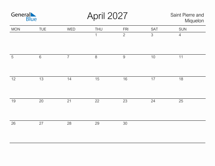 Printable April 2027 Calendar for Saint Pierre and Miquelon