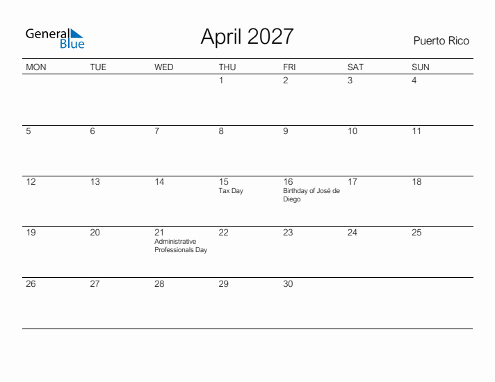 Printable April 2027 Calendar for Puerto Rico