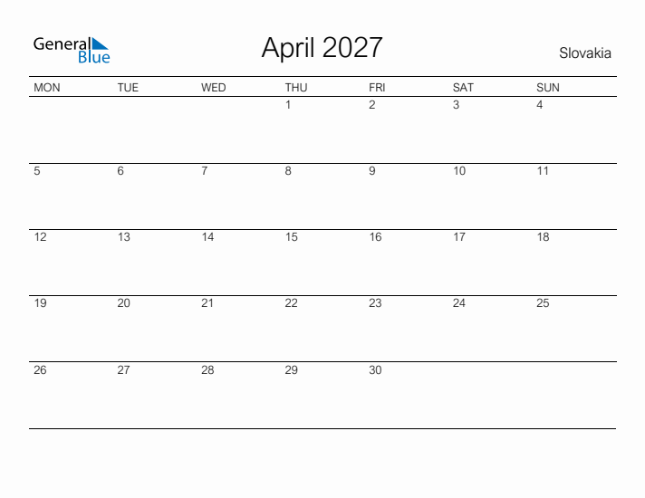 Printable April 2027 Calendar for Slovakia