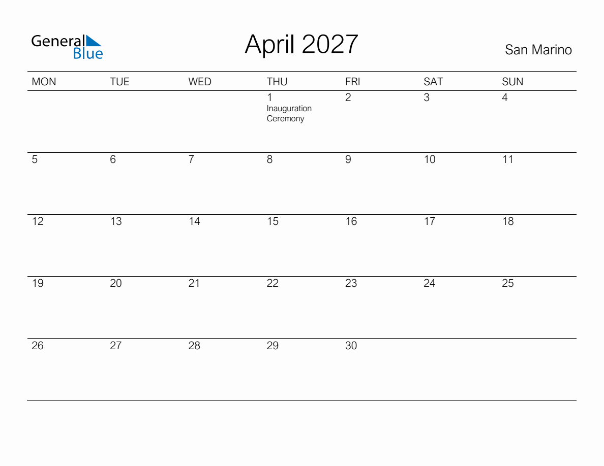 Printable April 2027 Monthly Calendar with Holidays for San Marino