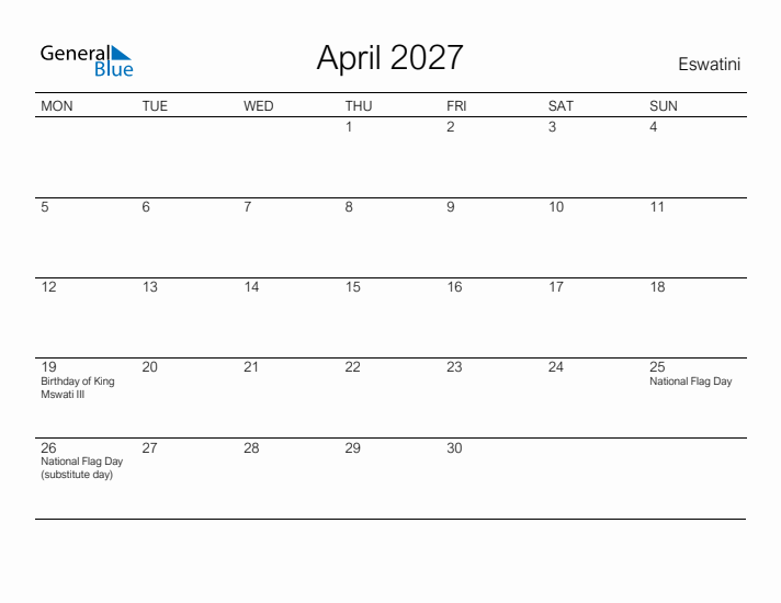 Printable April 2027 Calendar for Eswatini