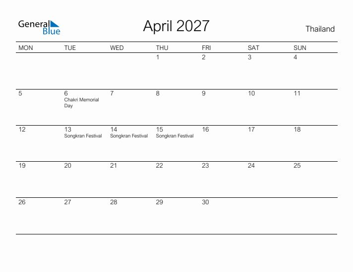 Printable April 2027 Calendar for Thailand