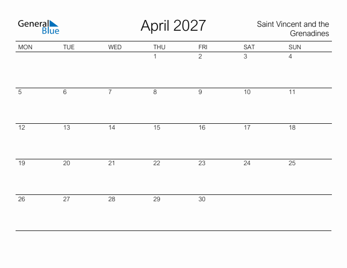 Printable April 2027 Calendar for Saint Vincent and the Grenadines