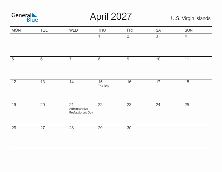 Printable April 2027 Calendar for U.S. Virgin Islands