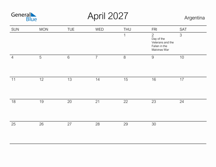 Printable April 2027 Calendar for Argentina