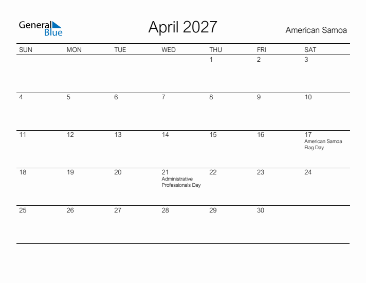 Printable April 2027 Calendar for American Samoa