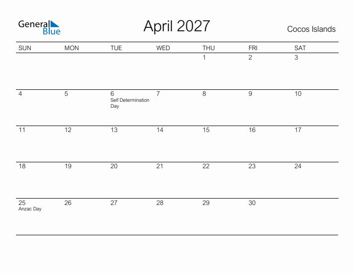 Printable April 2027 Calendar for Cocos Islands