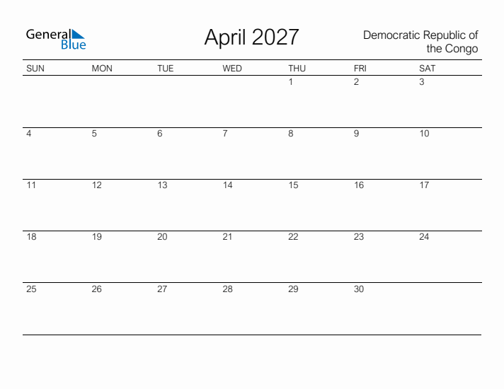 Printable April 2027 Calendar for Democratic Republic of the Congo