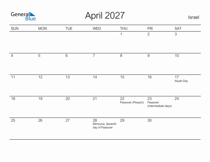 Printable April 2027 Calendar for Israel