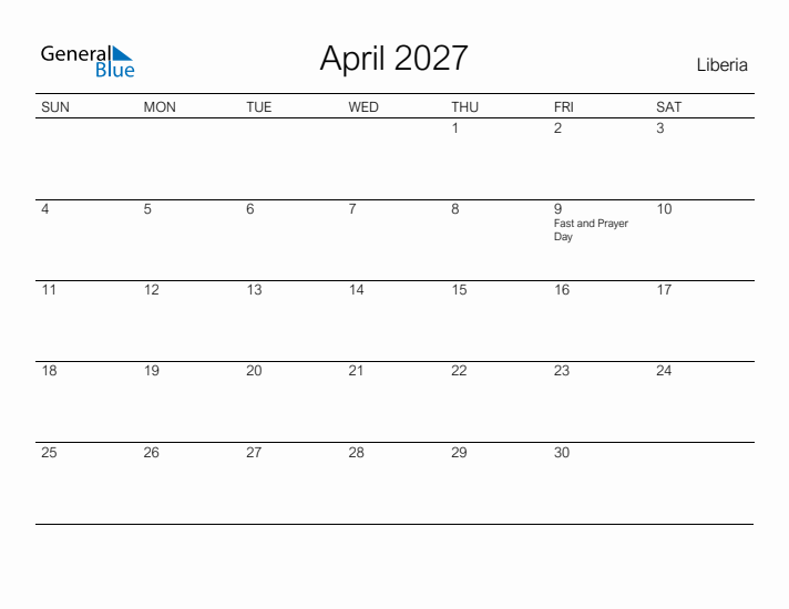 Printable April 2027 Calendar for Liberia