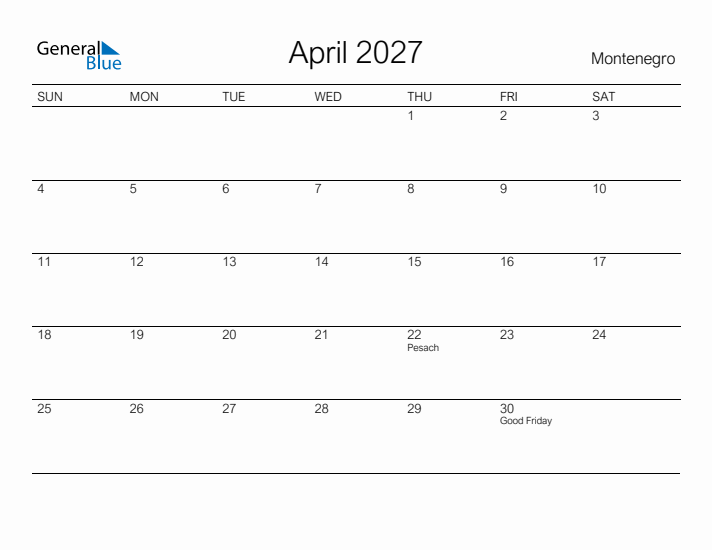 Printable April 2027 Calendar for Montenegro
