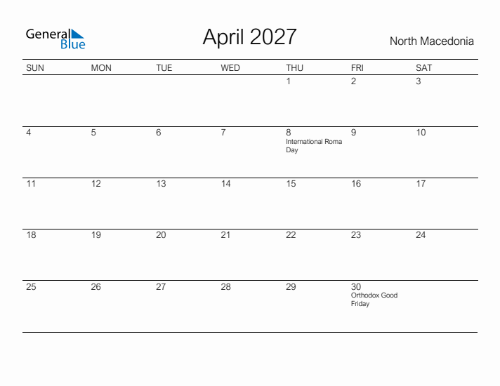 Printable April 2027 Calendar for North Macedonia