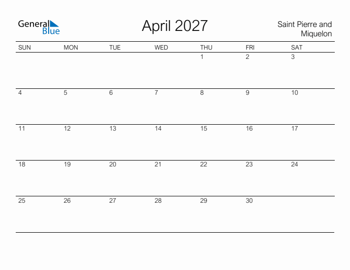Printable April 2027 Calendar for Saint Pierre and Miquelon