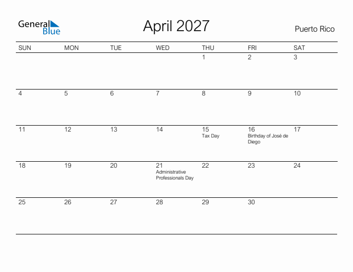 Printable April 2027 Calendar for Puerto Rico
