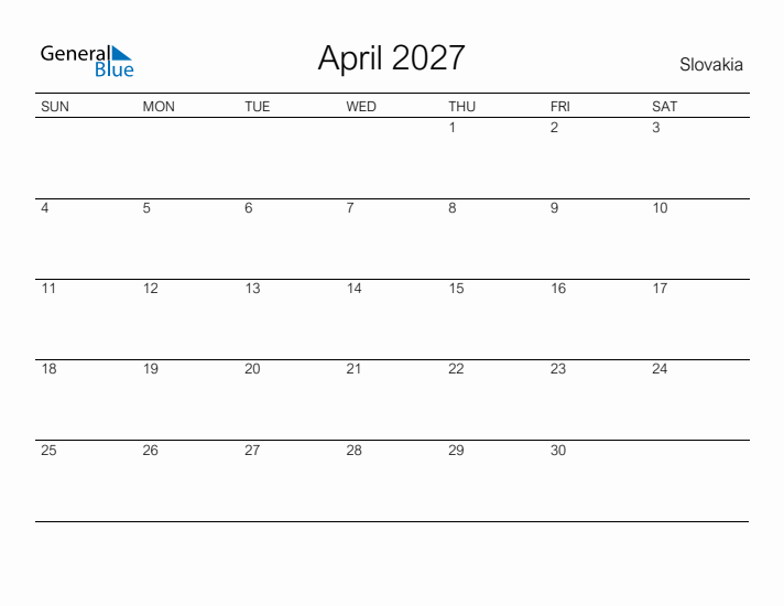 Printable April 2027 Calendar for Slovakia