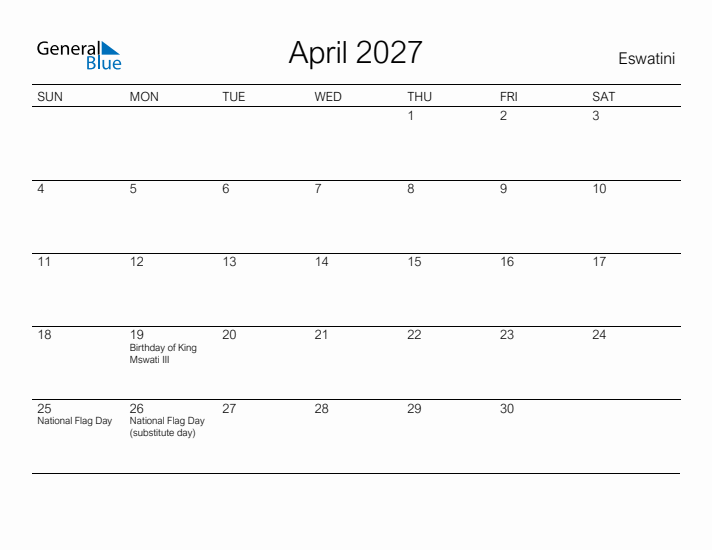Printable April 2027 Calendar for Eswatini