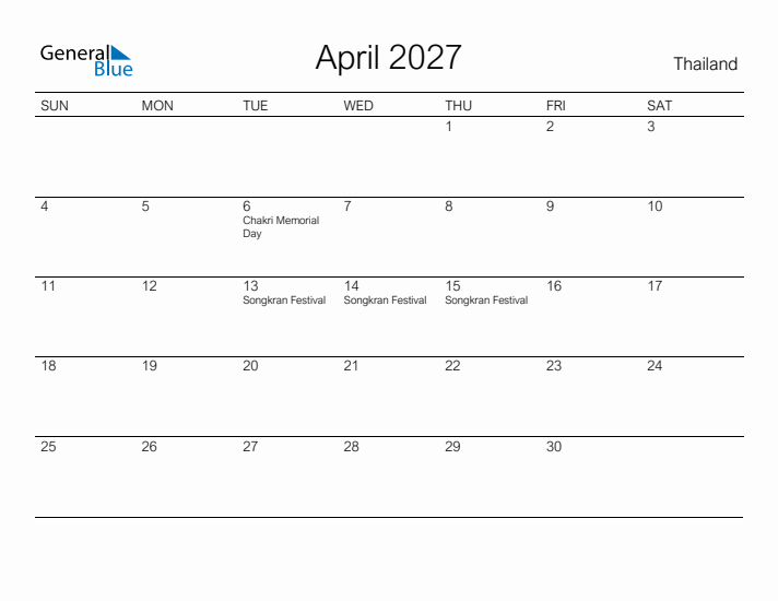 Printable April 2027 Calendar for Thailand