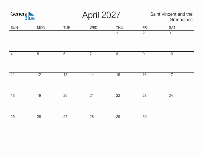 Printable April 2027 Calendar for Saint Vincent and the Grenadines