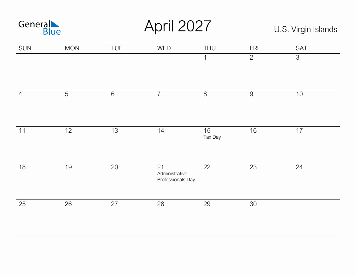 Printable April 2027 Monthly Calendar with Holidays for U.S. Virgin Islands