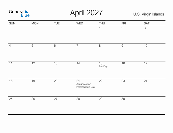 Printable April 2027 Calendar for U.S. Virgin Islands