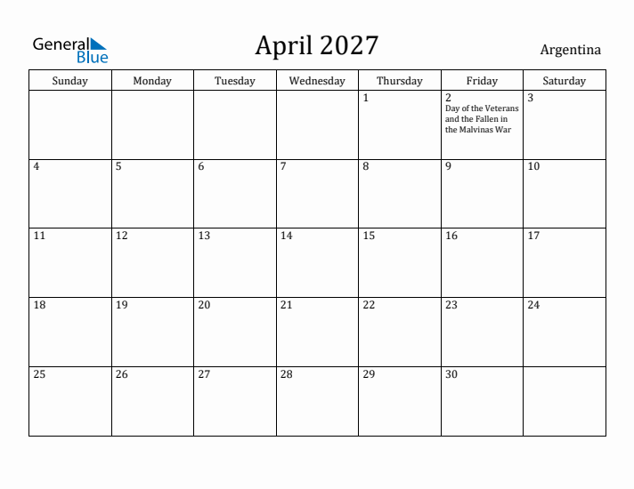 April 2027 Calendar Argentina