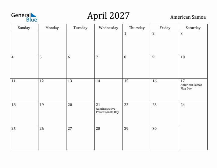 April 2027 Calendar American Samoa