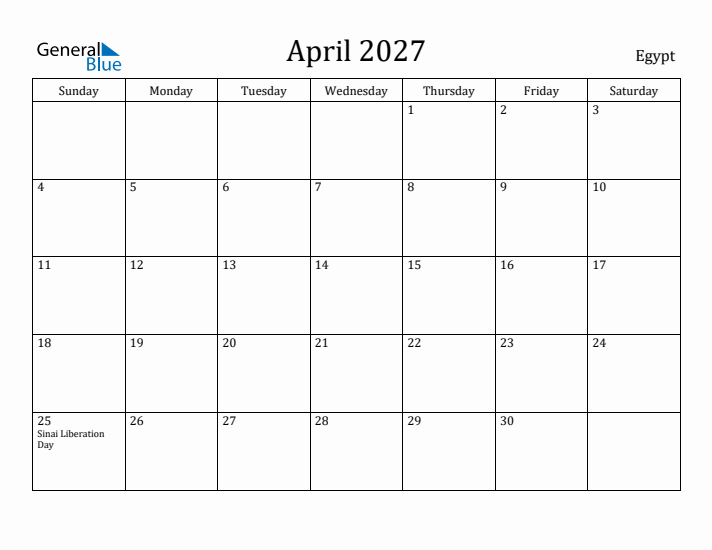 April 2027 Calendar Egypt