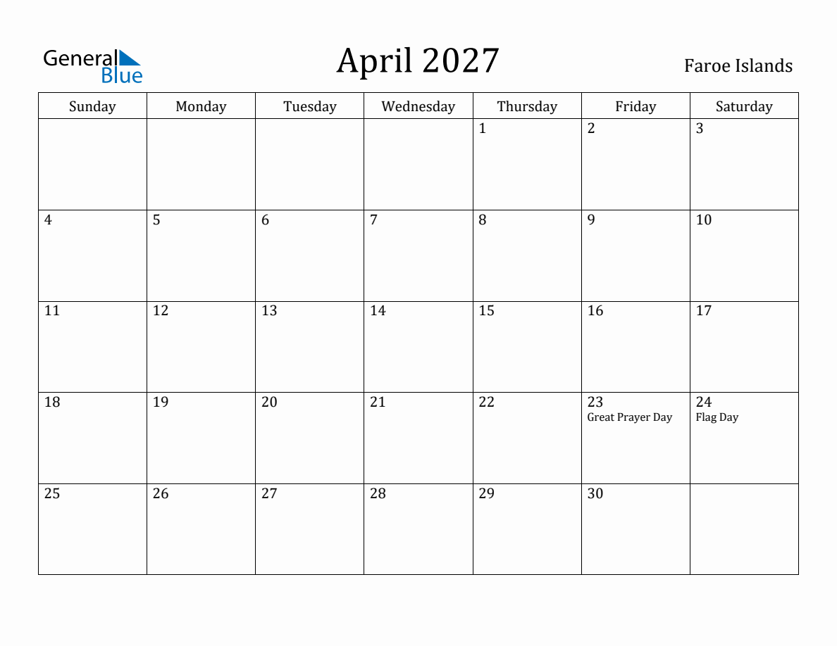 April 2027 Monthly Calendar with Faroe Islands Holidays