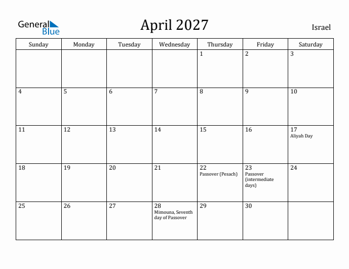 April 2027 Calendar Israel