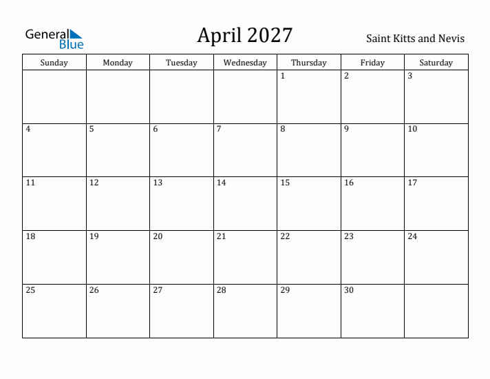 April 2027 Calendar Saint Kitts and Nevis